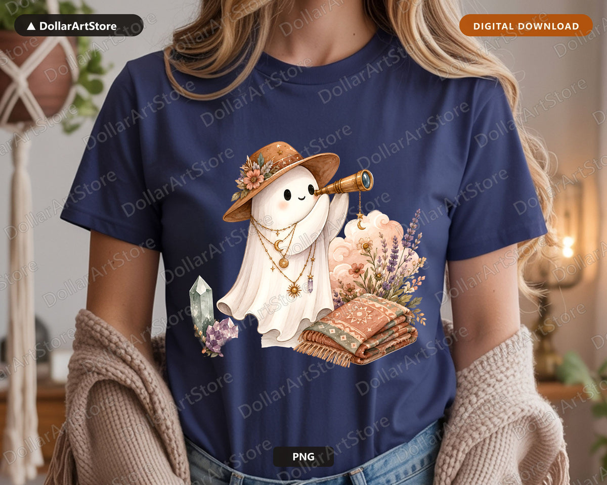 Boho Ghost PNG Sublimation Design, Autumn Celestial Shirt Design Download