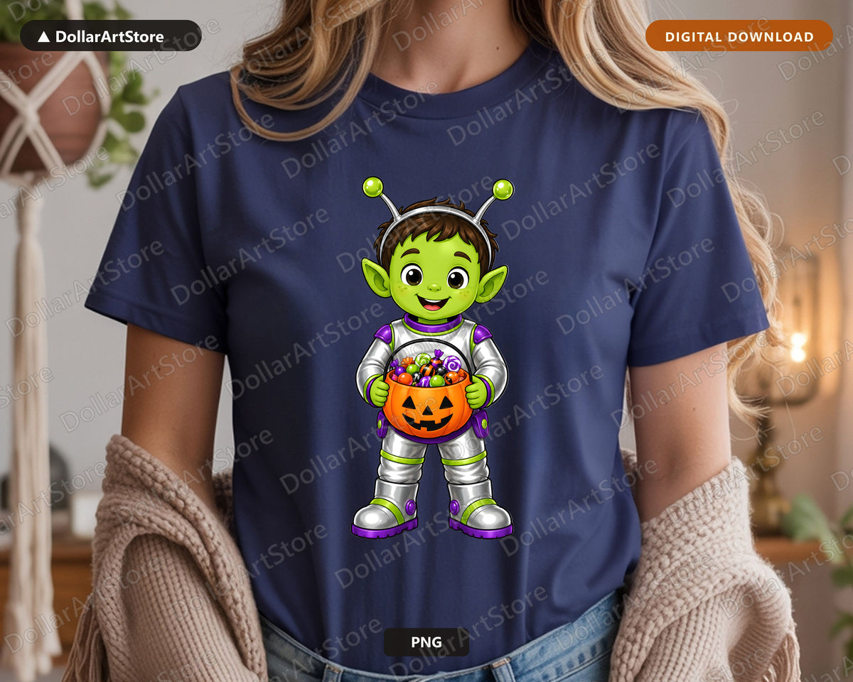 Cute Alien Trick-or-Treat Halloween PNG, Kids Costume Design, Digital Download
