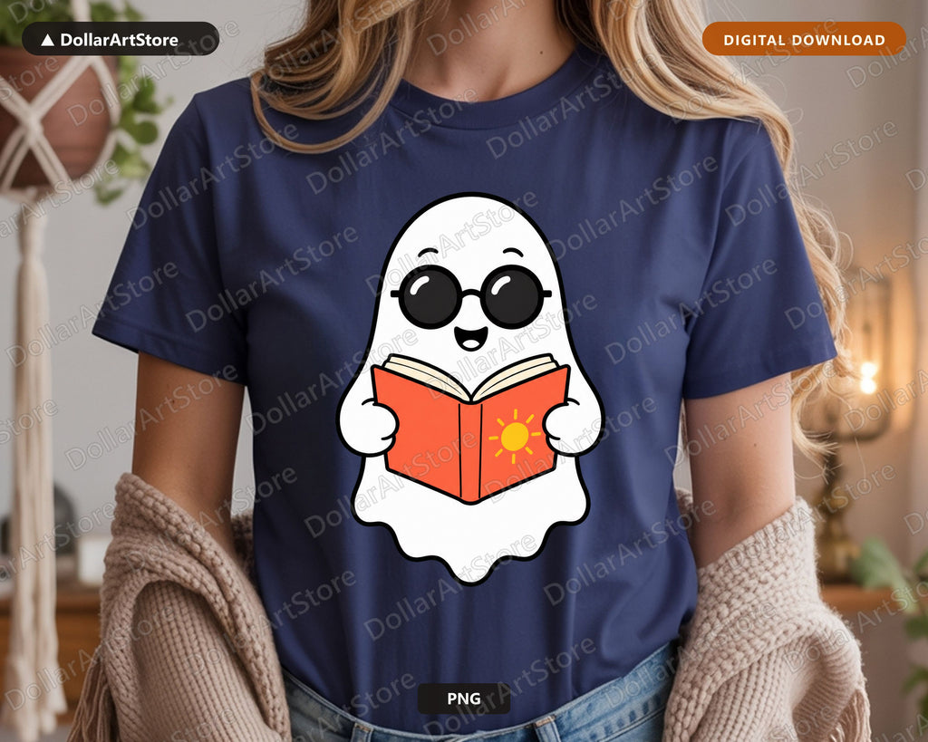Bookish Ghost PNG, Cute Reading Character, Sublimation Design Digital Download