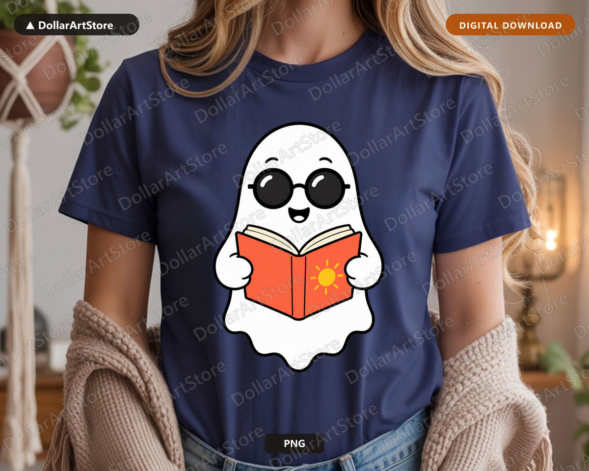 Bookish Ghost PNG, Cute Reading Character, Sublimation Design Digital Download