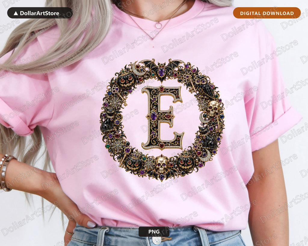Letter E Halloween Monogram PNG, Ornate Gothic Jewelry Design, Sublimation Download