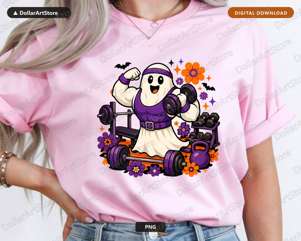 Cute Gym Ghost PNG, Funny Halloween Fitness Sublimation Design Digital Download