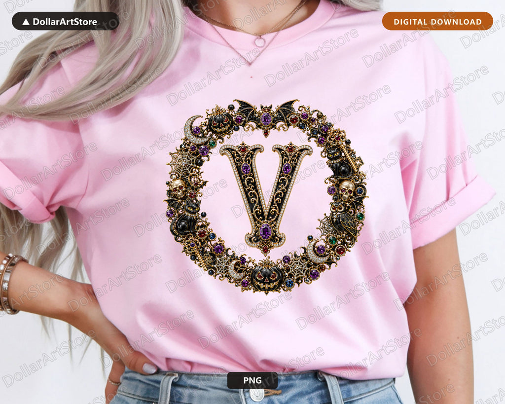 Gothic Monogram Letter V PNG, Luxury Halloween Sublimation Design, Print on Demand