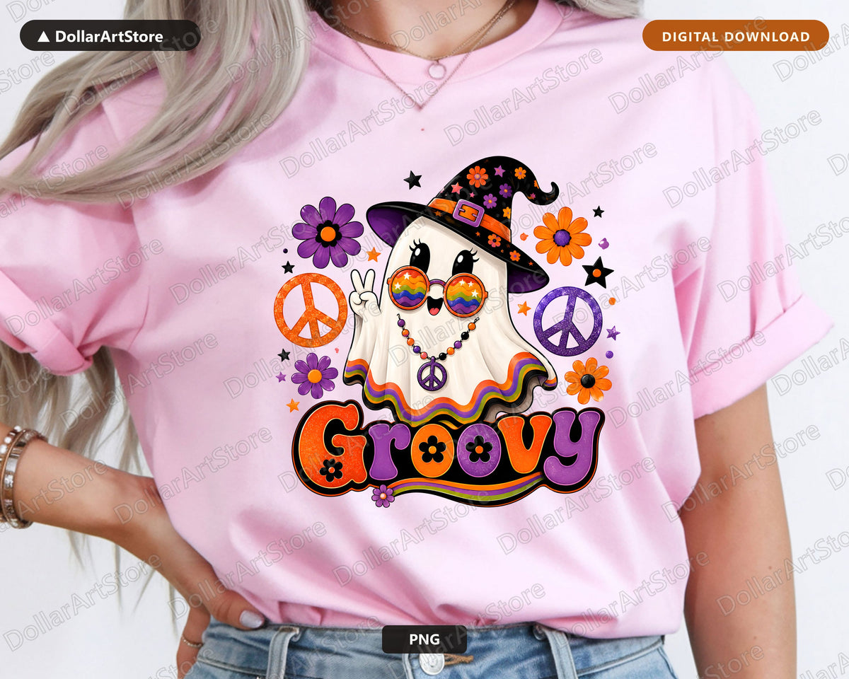 Cute Groovy Ghost PNG, Retro Halloween Shirt Design, Sublimation Instant Download