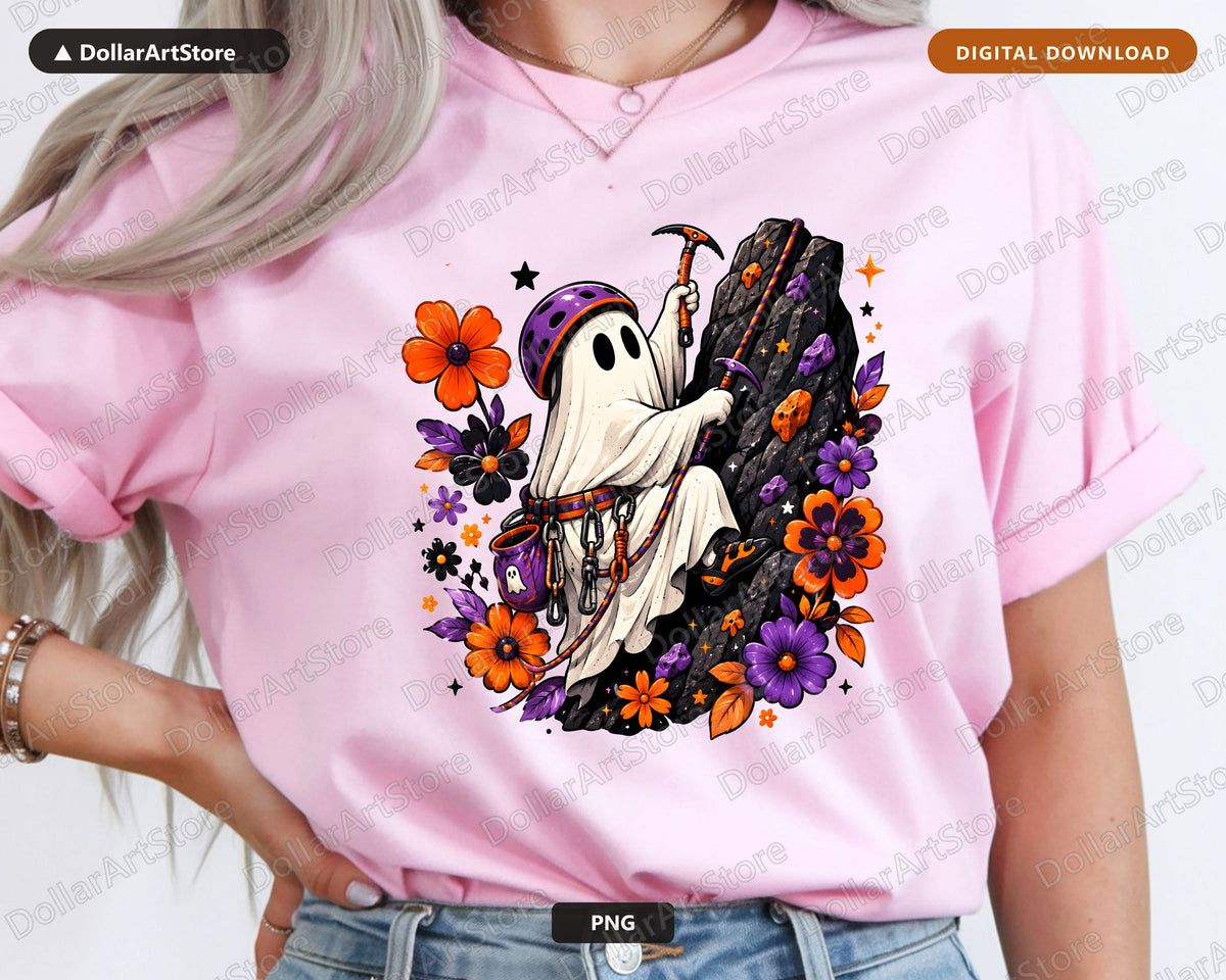 Cute Halloween Ghost PNG, Sublimation Shirt Design, Reaper Climbing Rock