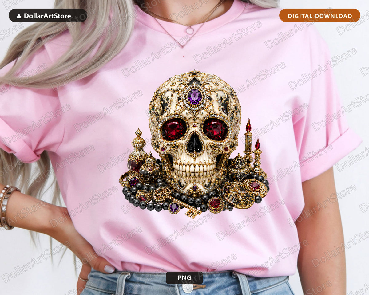 Gothic Skull PNG Sublimation Design, Luxury Halloween Shirt & Tumbler Print