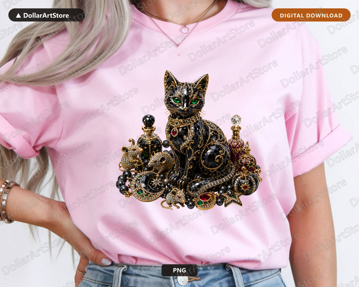Gothic Black Cat PNG, Luxury Ornate Design, Sublimation Shirt Design Digital Download