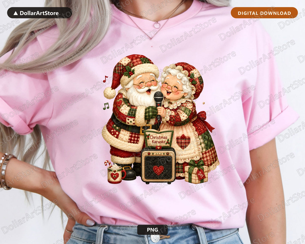 Santa & Mrs Claus Karaoke PNG, Patchwork Christmas Design, Sublimation Download