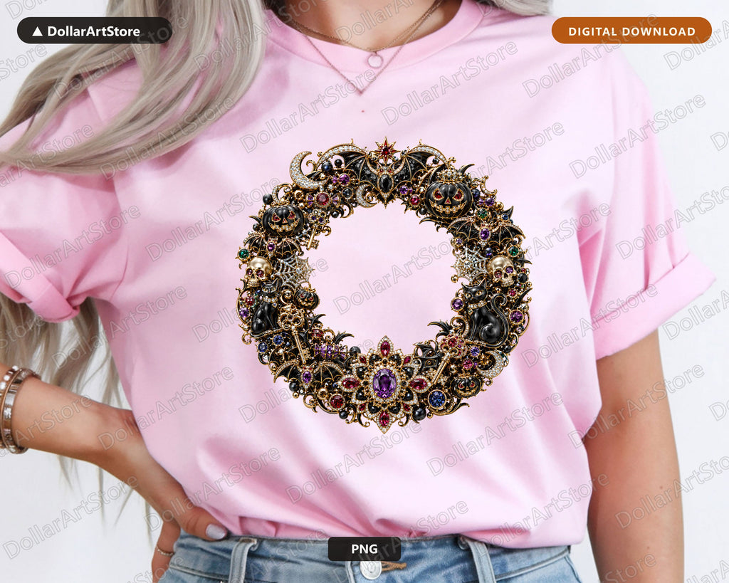 Gothic Halloween PNG, Ornate Wreath Design, Sublimation Shirt Design Digital Download