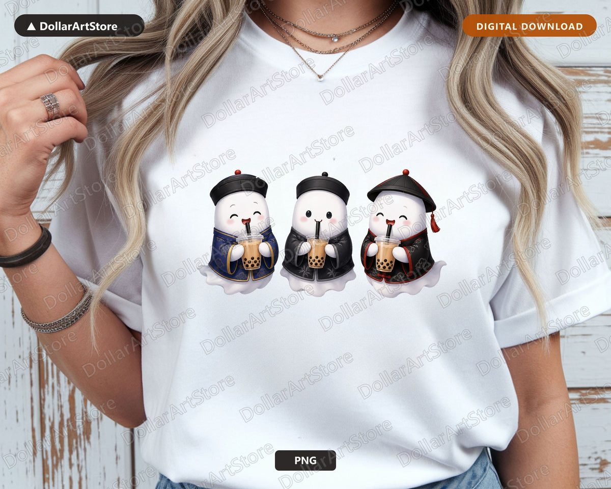 Cute Halloween Ghost PNG Sublimation Design, Boba Tea Shirt Design Digital Download