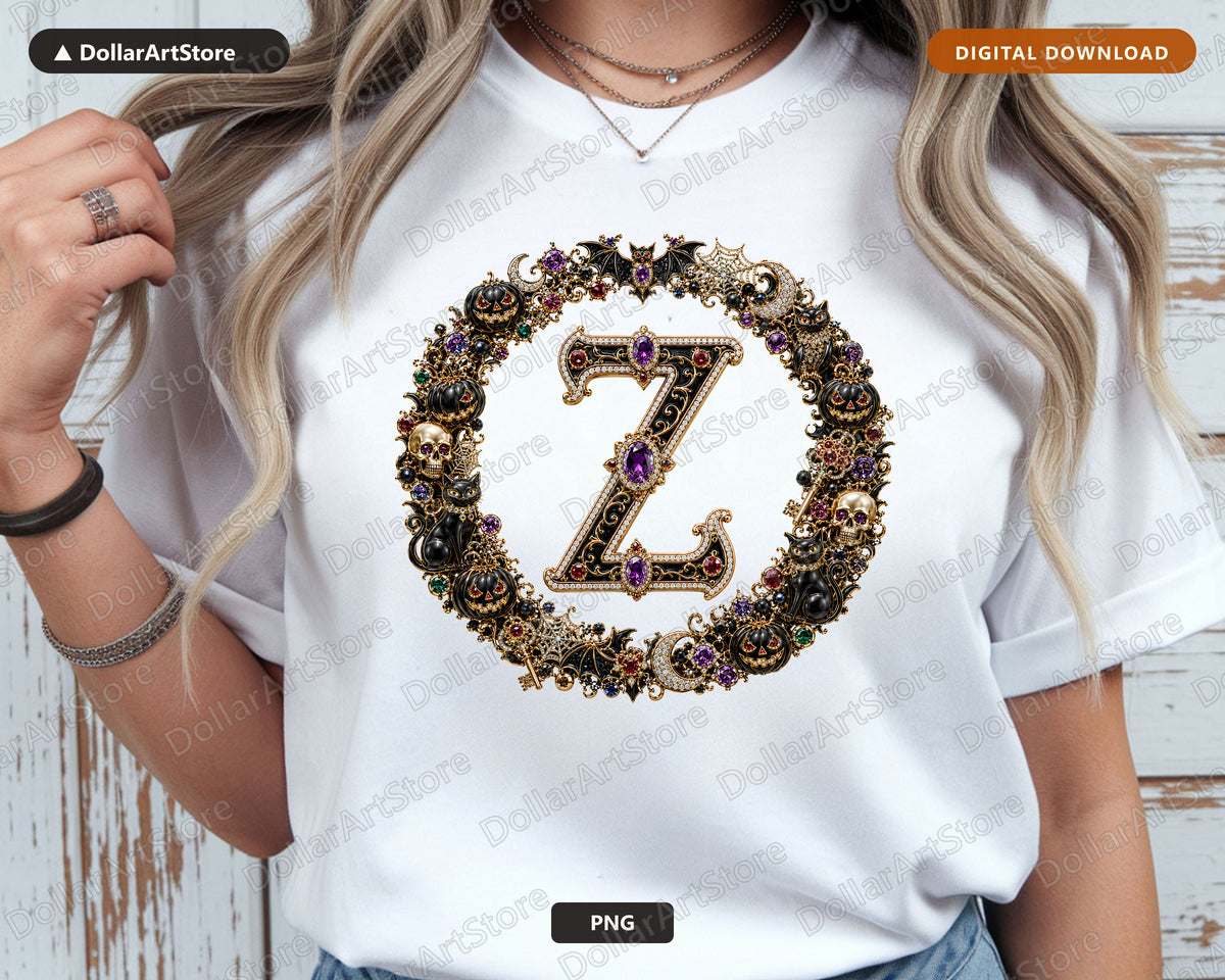 Letter Z Halloween Monogram PNG, Gothic Gold Skull Sublimation Design