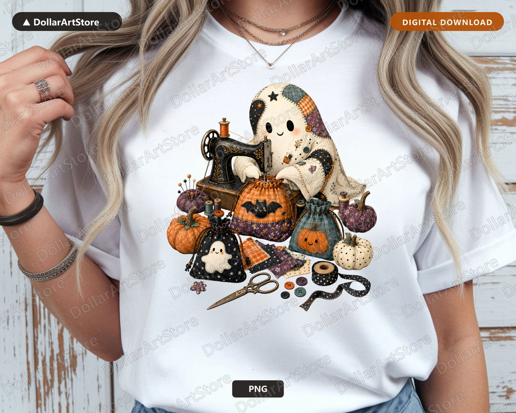 Crafting Ghost PNG, Halloween Sublimation Design, Sewing Witch Shirt Print