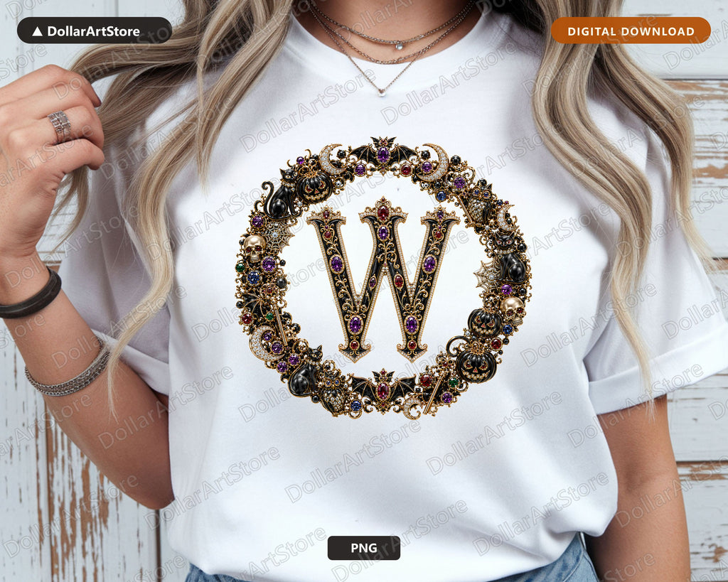 Halloween Monogram W PNG, Gothic Ornate Letter, Sublimation Design