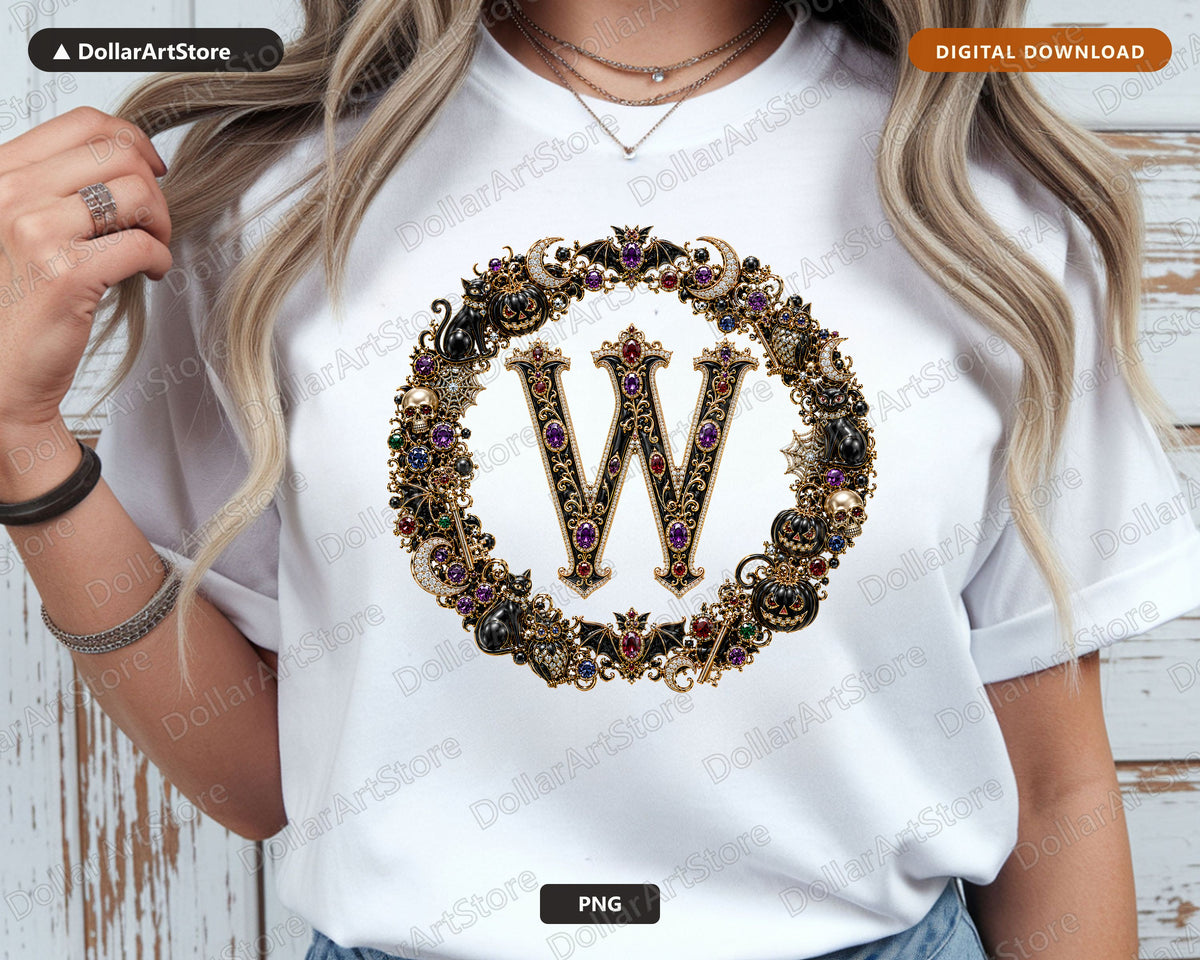 Halloween Monogram W PNG, Gothic Ornate Letter, Sublimation Design