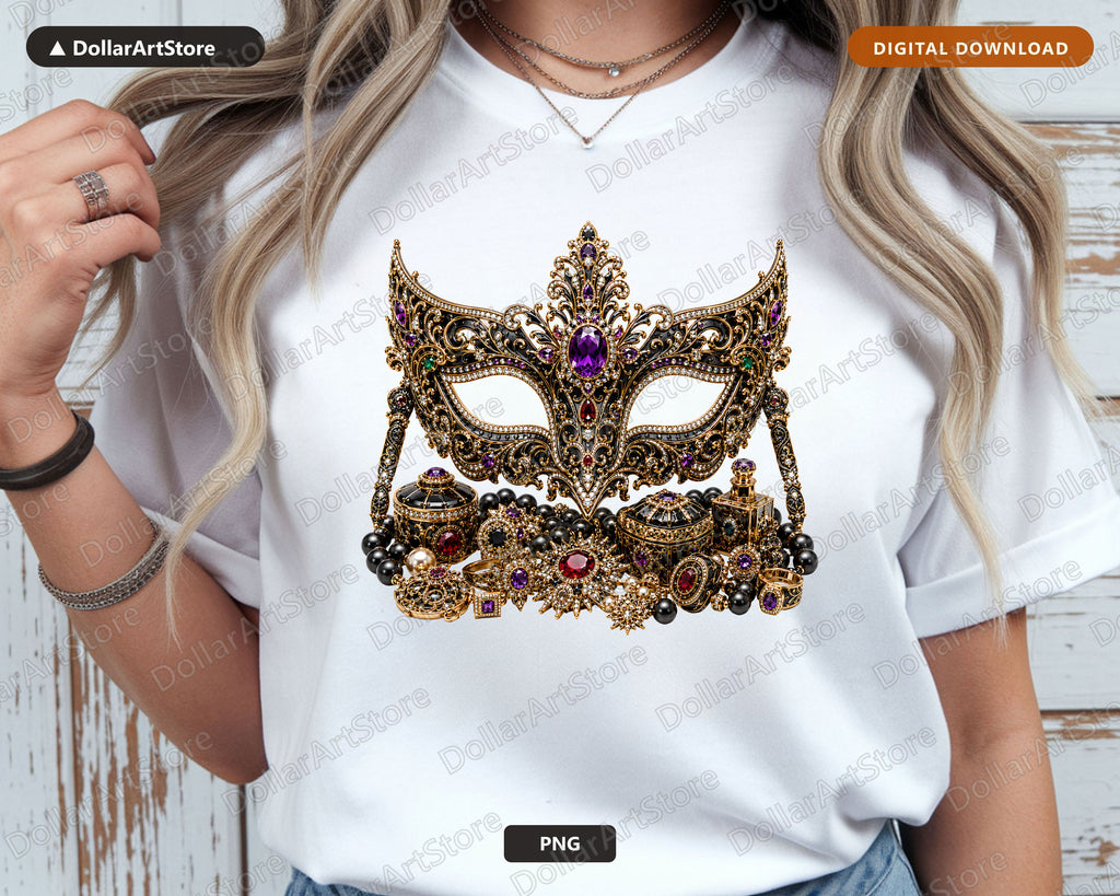 Gothic Masquerade Mask PNG, Jeweled Ornate Design, Sublimation Shirt PNG
