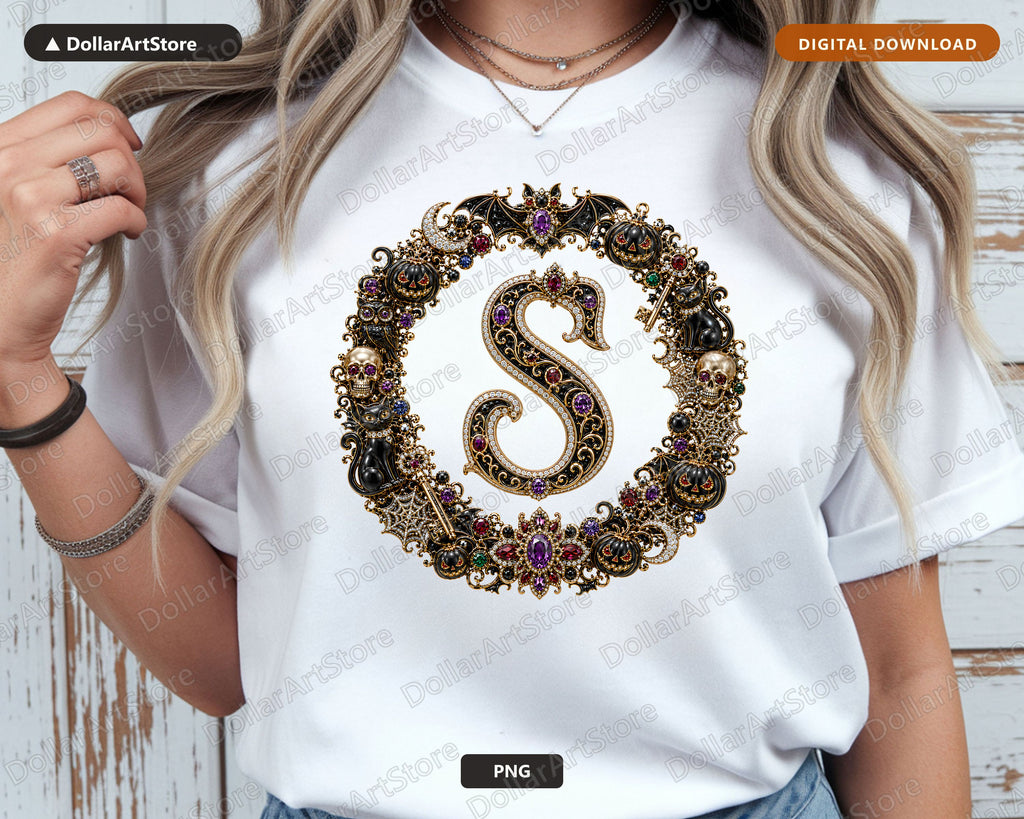 Halloween Monogram S PNG, Gothic Ornate Design, Sublimation Print