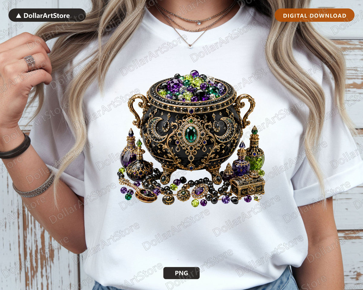 Gothic Witch's Cauldron PNG, Ornate Jewelry Design, Sublimation Print
