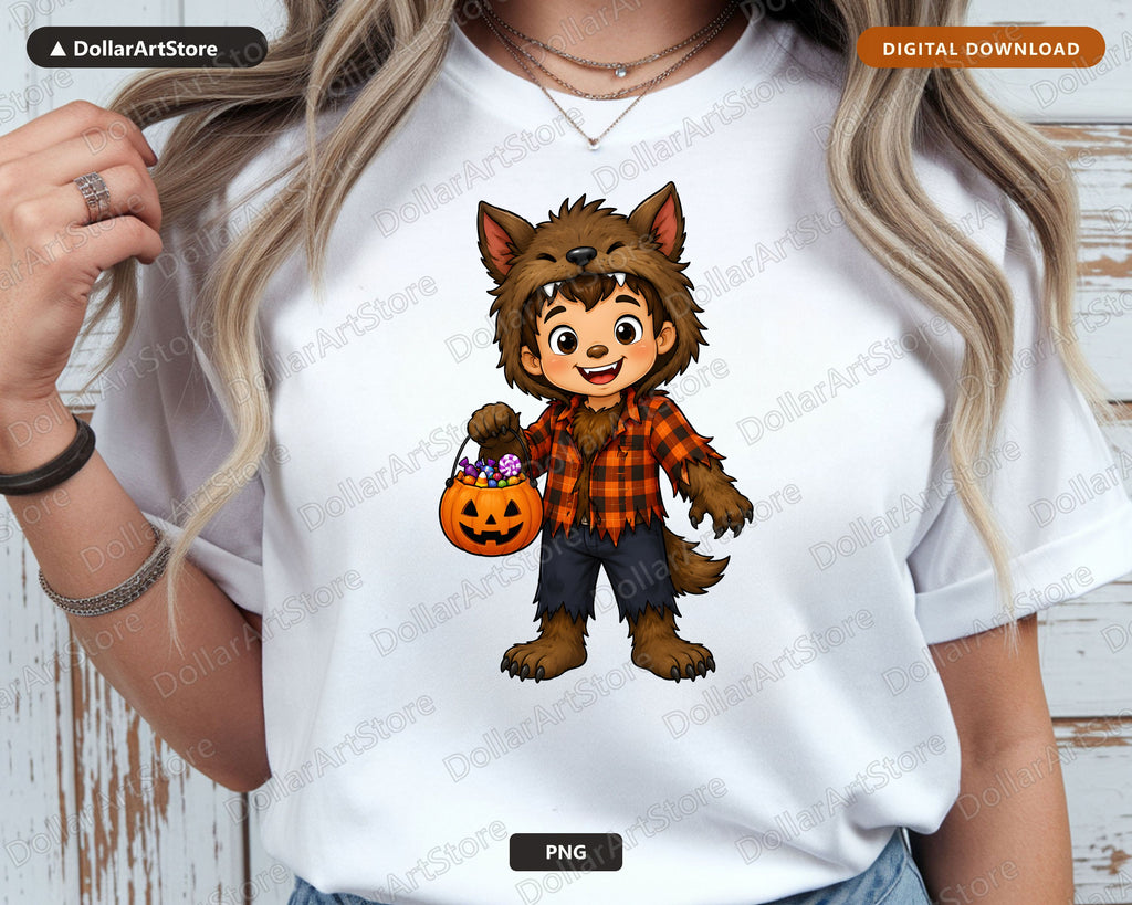 Cute Werewolf Kid Halloween Costume PNG, Sublimation Design Digital Download