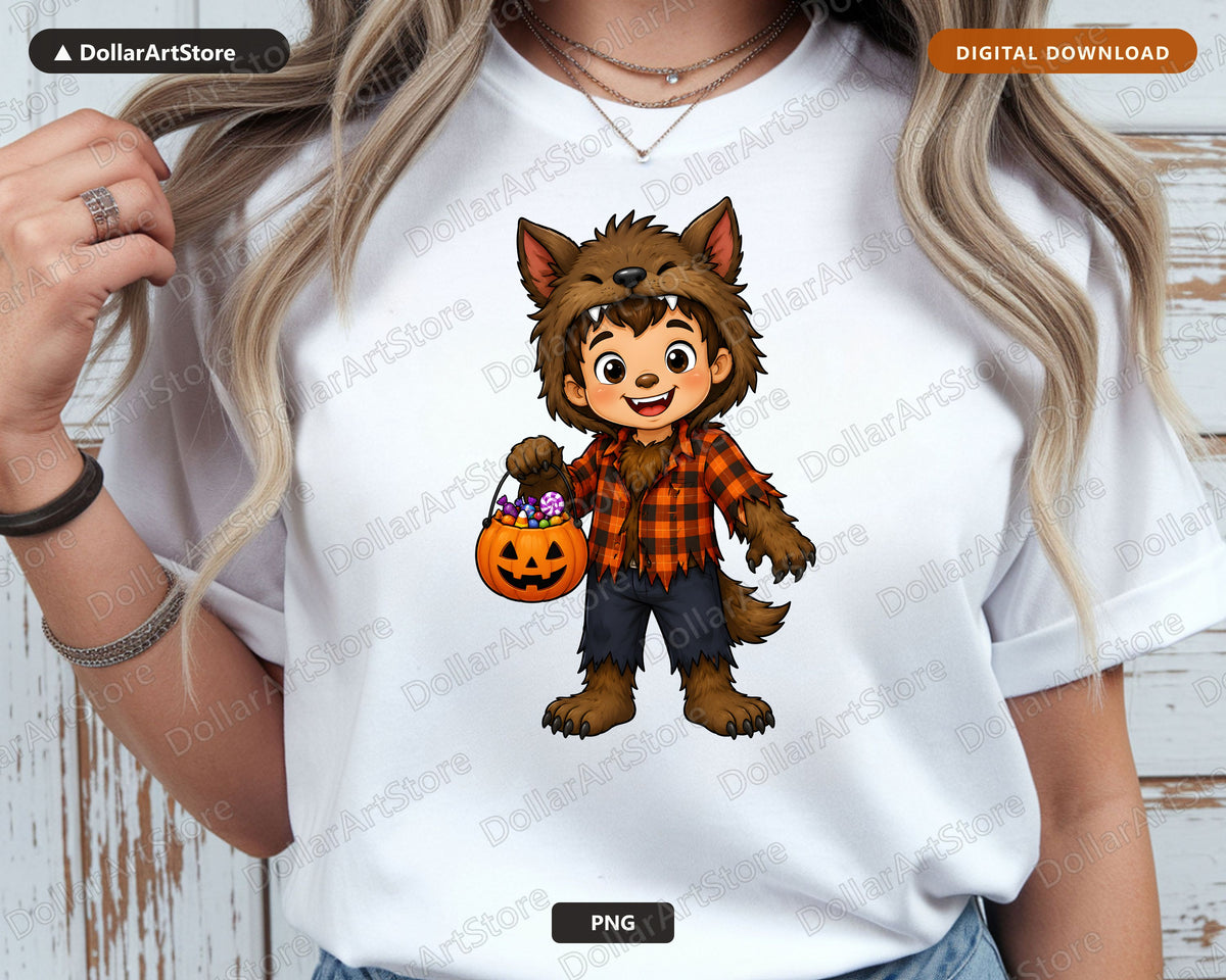 Cute Werewolf Kid Halloween Costume PNG, Sublimation Design Digital Download