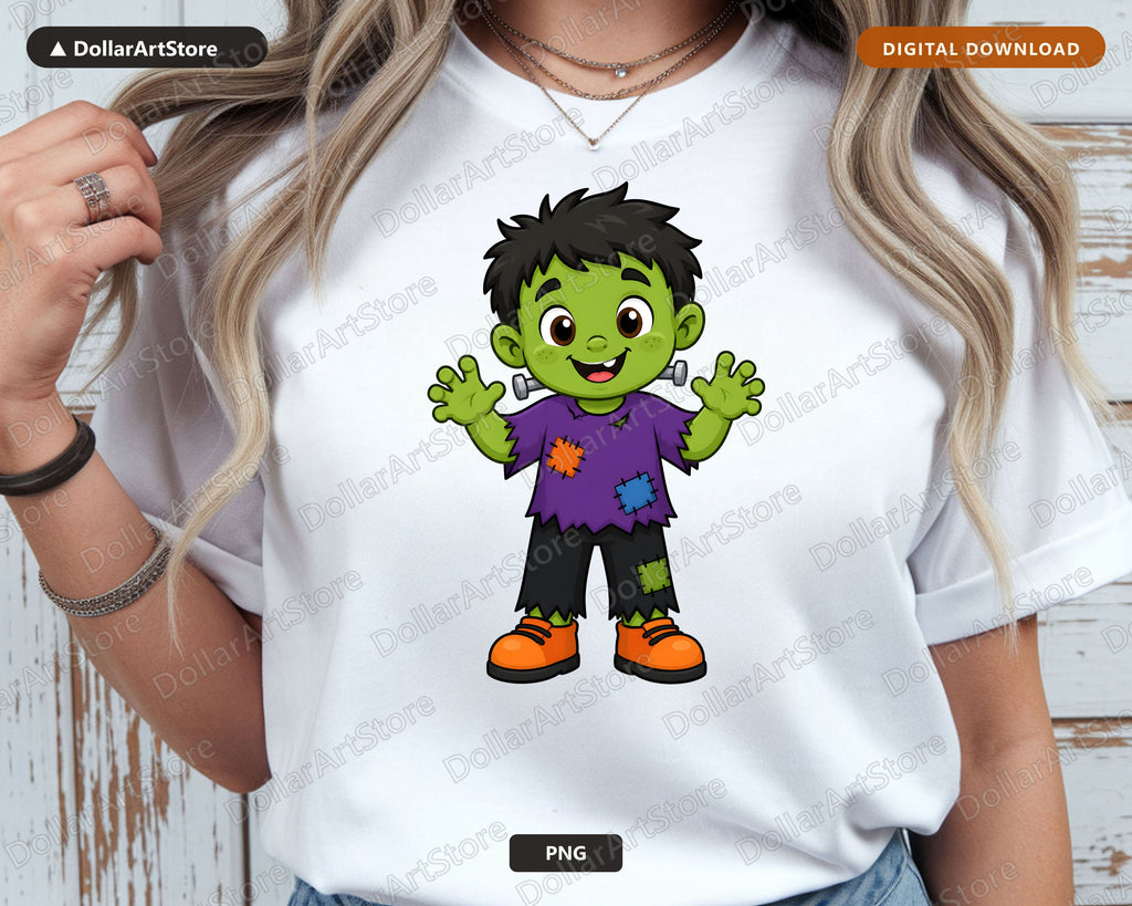 Cute Halloween Frankenstein Kid PNG, Sublimation Design Shirt Download