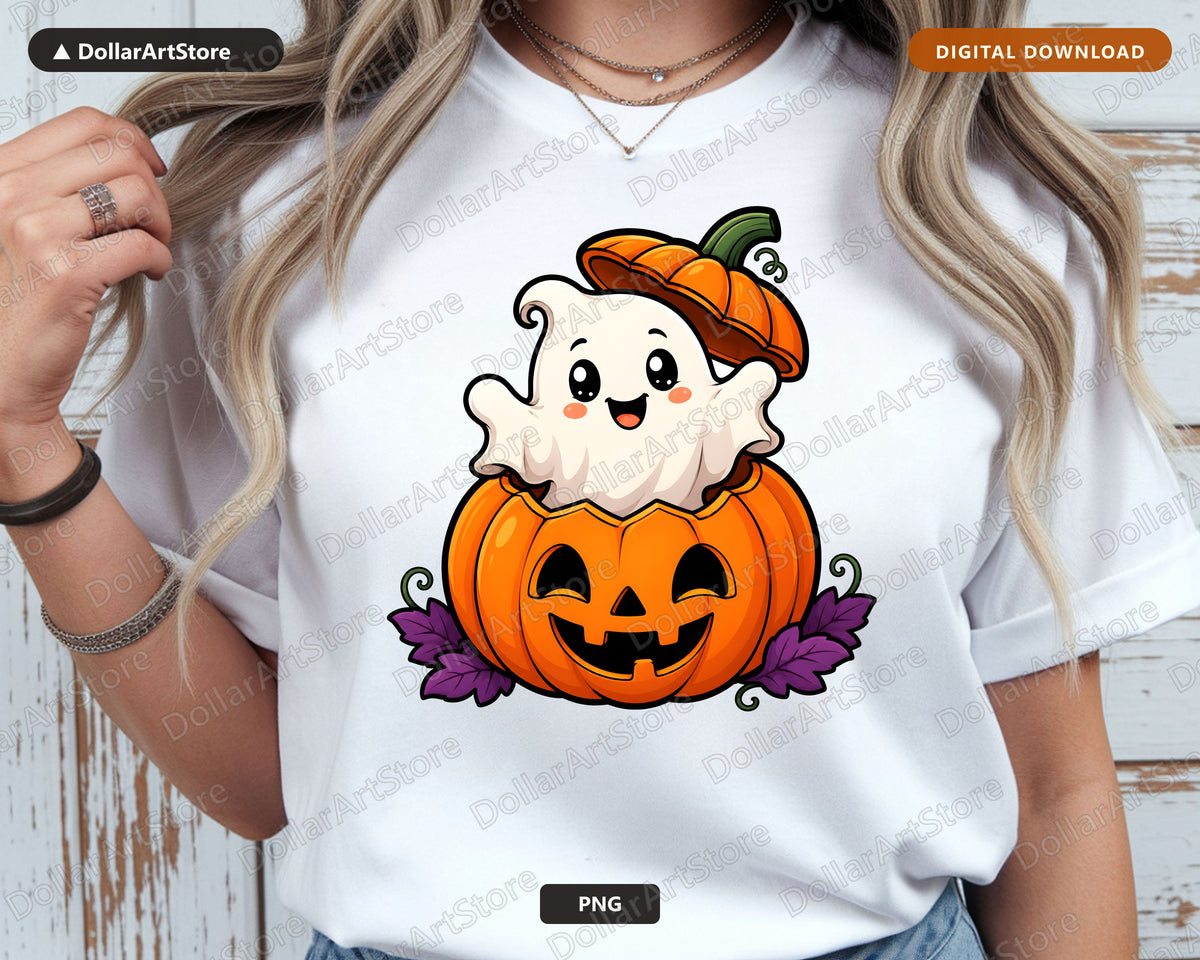 Cute Halloween Ghost PNG, Pumpkin Sublimation Design, Shirt Design Digital Download