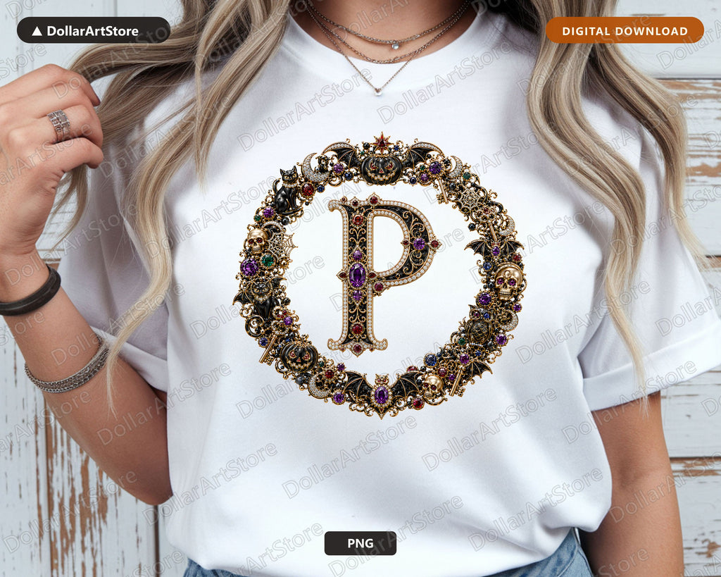 Halloween Monogram Letter P PNG, Gothic Sublimation Design, Shirt Print Digital Download