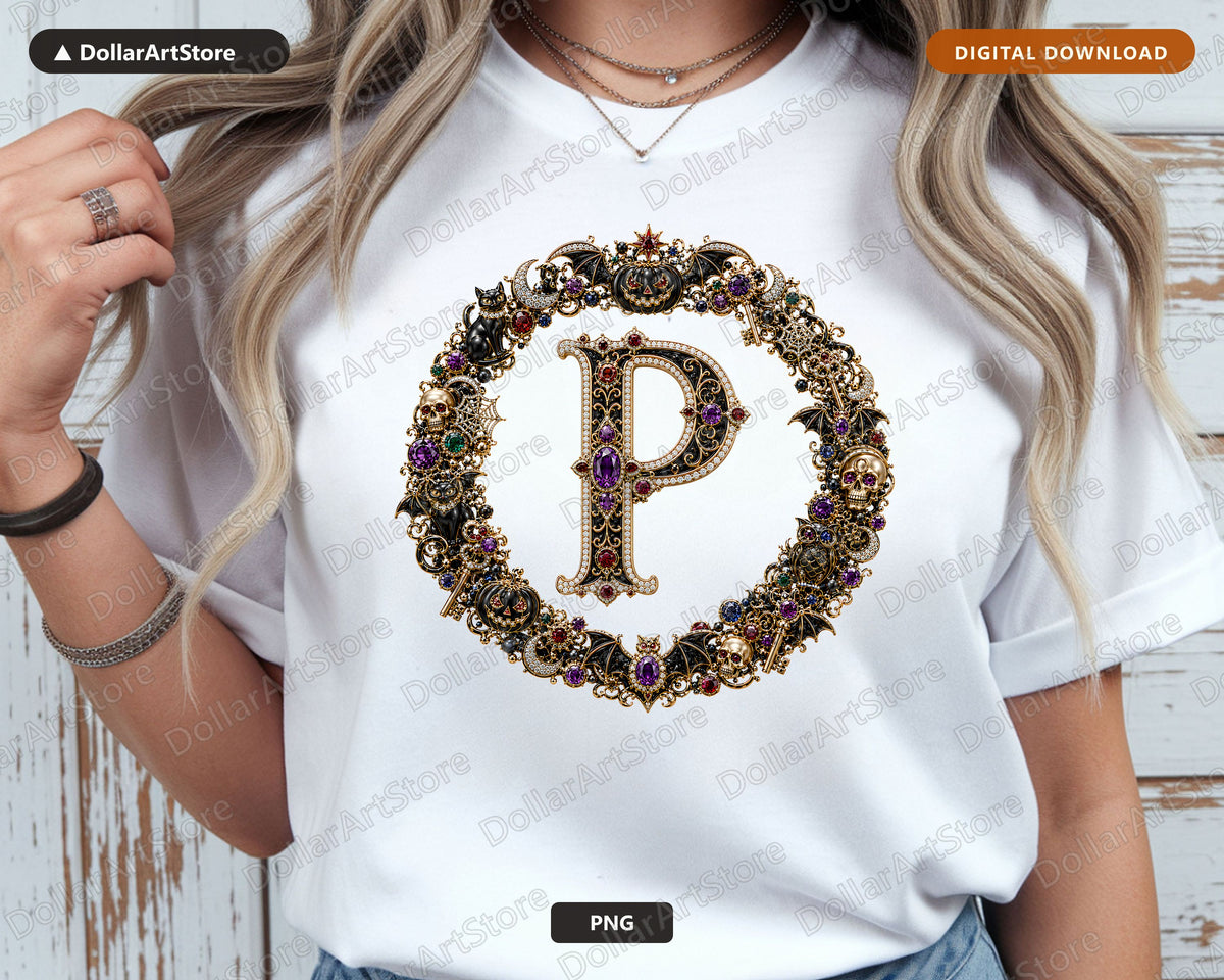 Halloween Monogram Letter P PNG, Gothic Sublimation Design, Shirt Print Digital Download