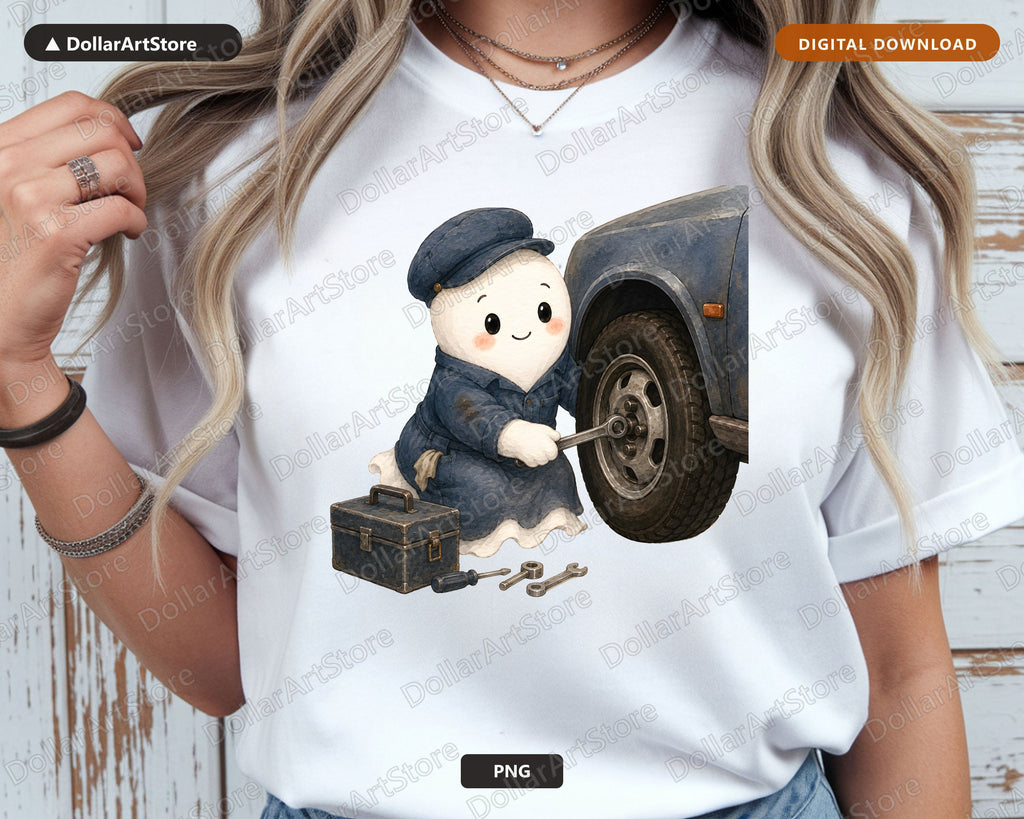 Cute Mechanic Ghost PNG, Vintage Sublimation Design, Shirt Print Digital Download