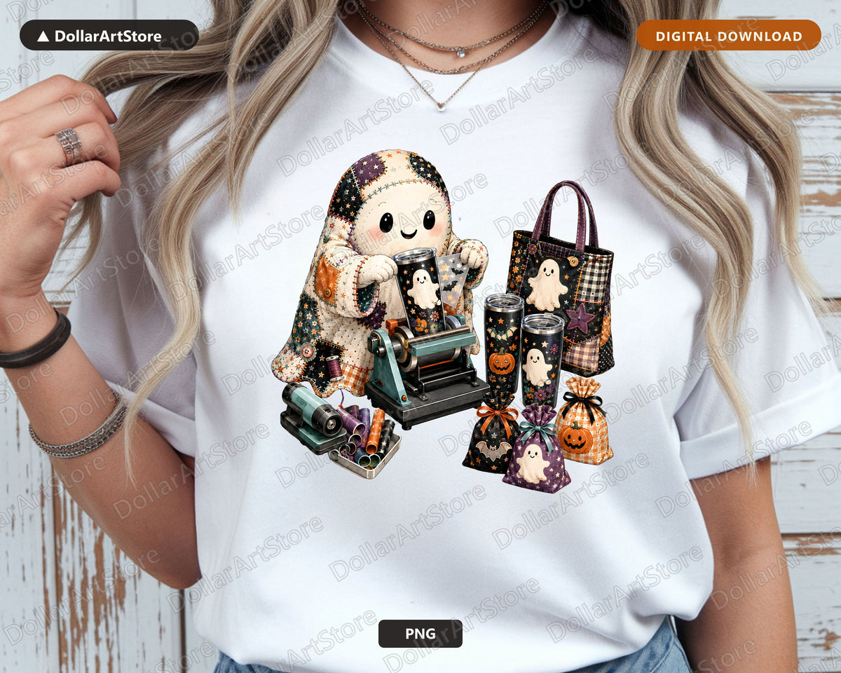 Cute Crafting Ghost PNG, Halloween Sublimation Design, Shirt Print Digital Download