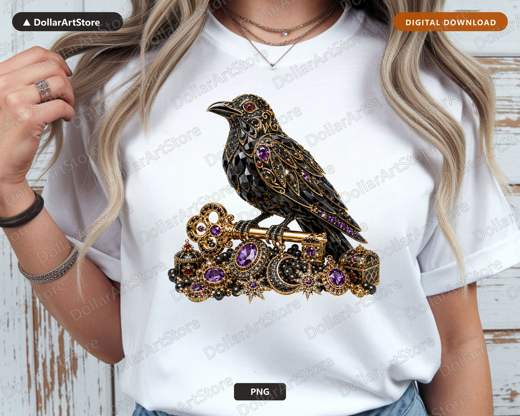 Gothic Raven PNG, Jeweled Black Bird, Ornate Sublimation Design