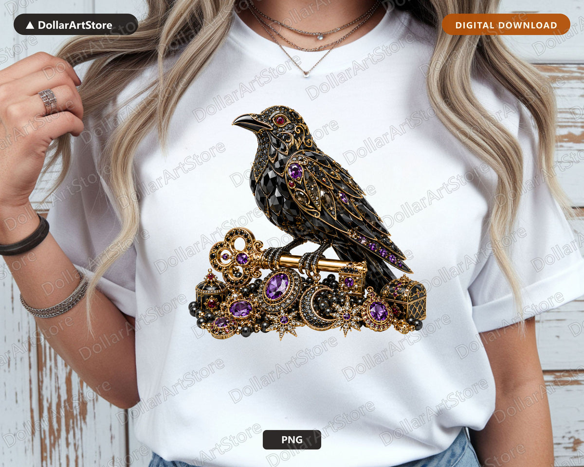 Gothic Raven PNG, Jeweled Black Bird, Ornate Sublimation Design