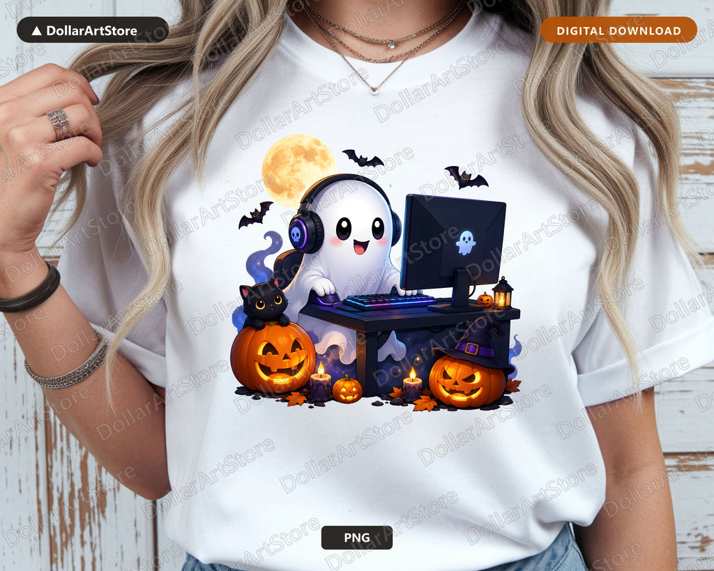 Cute Gaming Ghost PNG, Halloween Sublimation Design, Gamer Shirt Design Digital Download