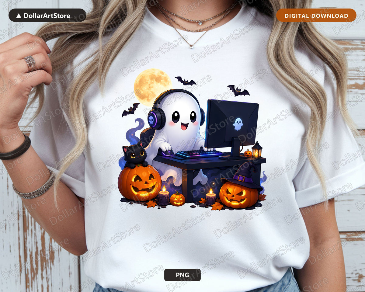 Cute Gaming Ghost PNG, Halloween Sublimation Design, Gamer Shirt Design Digital Download