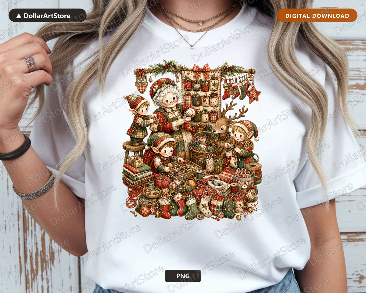 Santa Patchwork PNG, Vintage Christmas Elves, Sublimation Design Digital Download