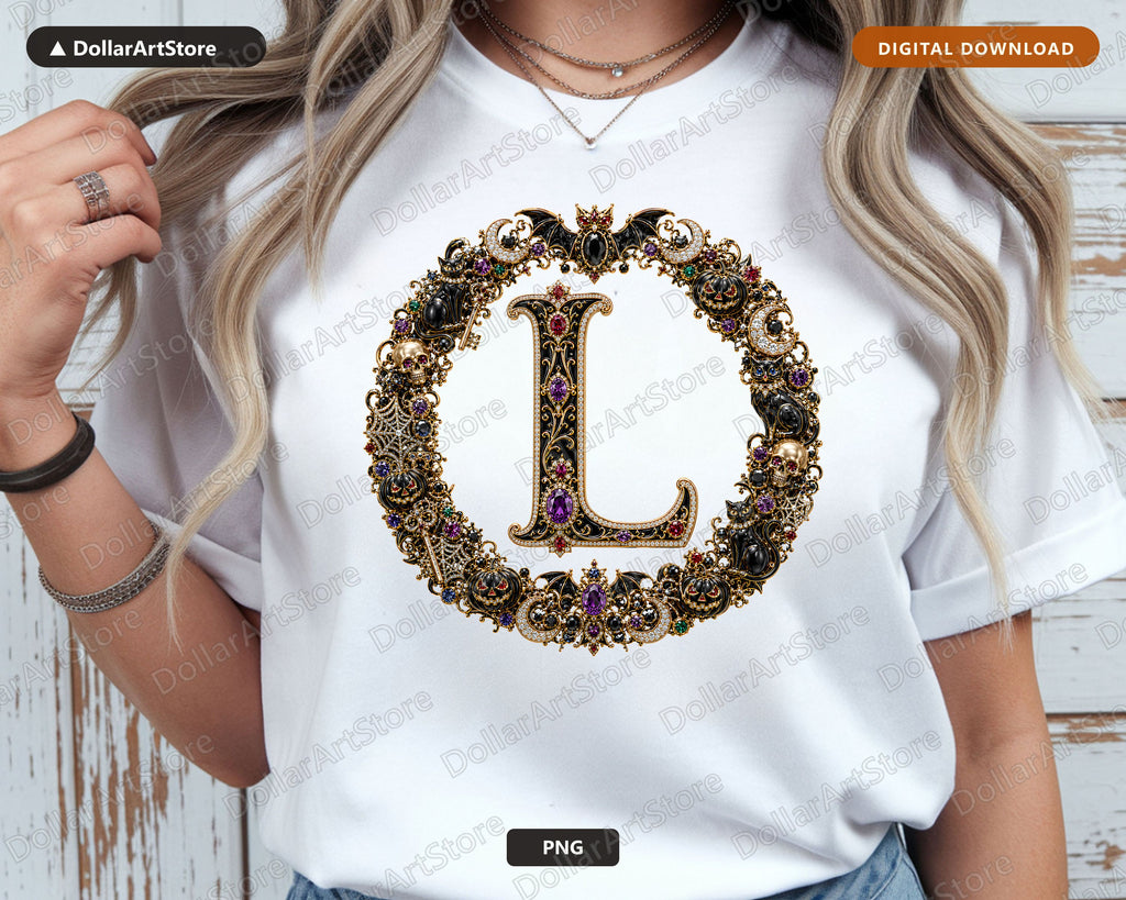 Halloween Monogram L PNG, Gothic Ornate Letter, Sublimation Design Digital Download