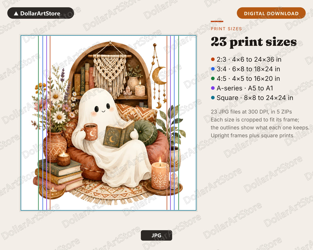 Reading Boho Ghost Watercolor Printable Wall Art Digital Download