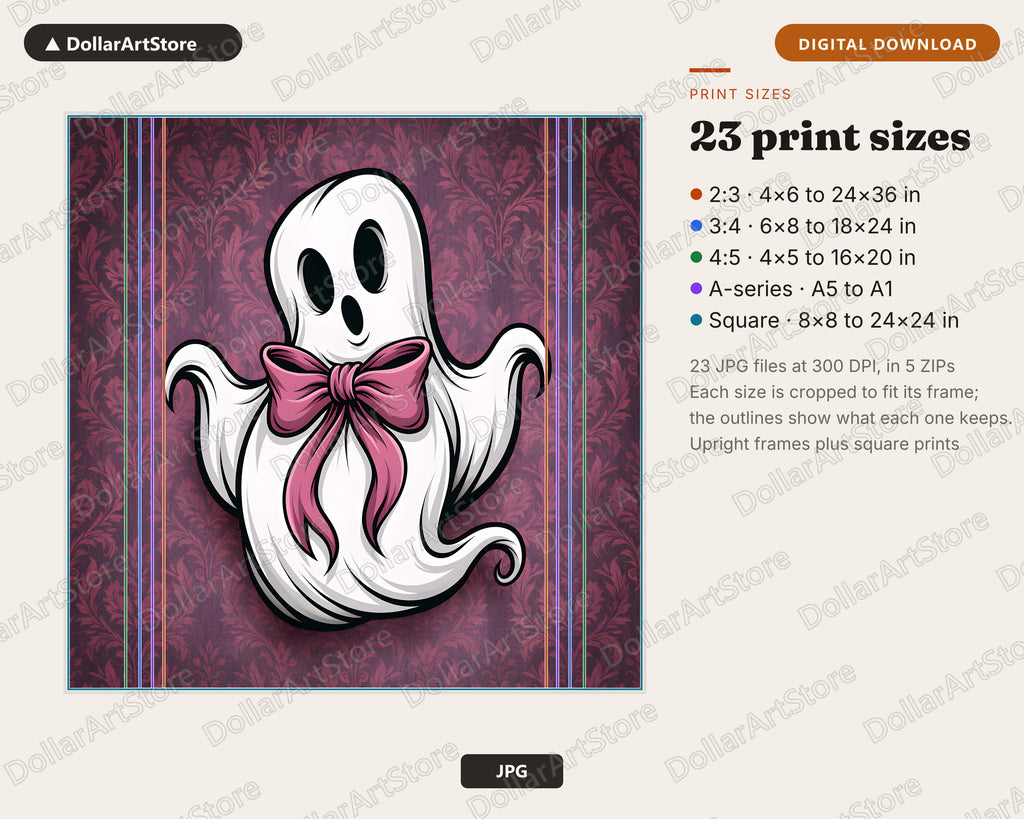 Cute Coquette Ghost Pink Bow Printable Wall Art Digital Download
