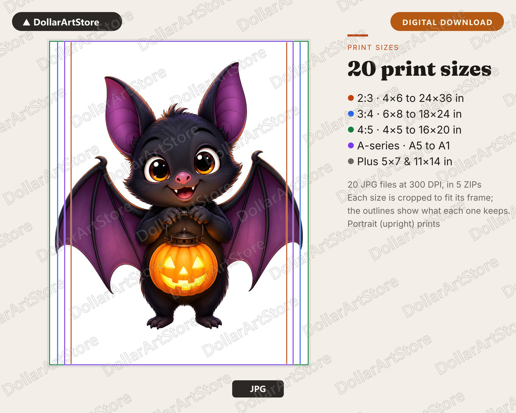 Cute Bat with Jack-o-Lantern Printable Wall Art Digital Download