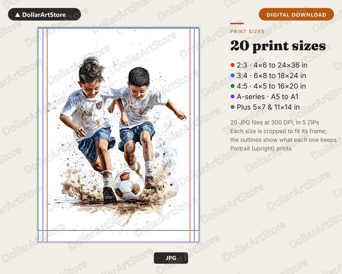 Boys Playing Soccer Watercolor Art | Printable Wall Art Digital Download