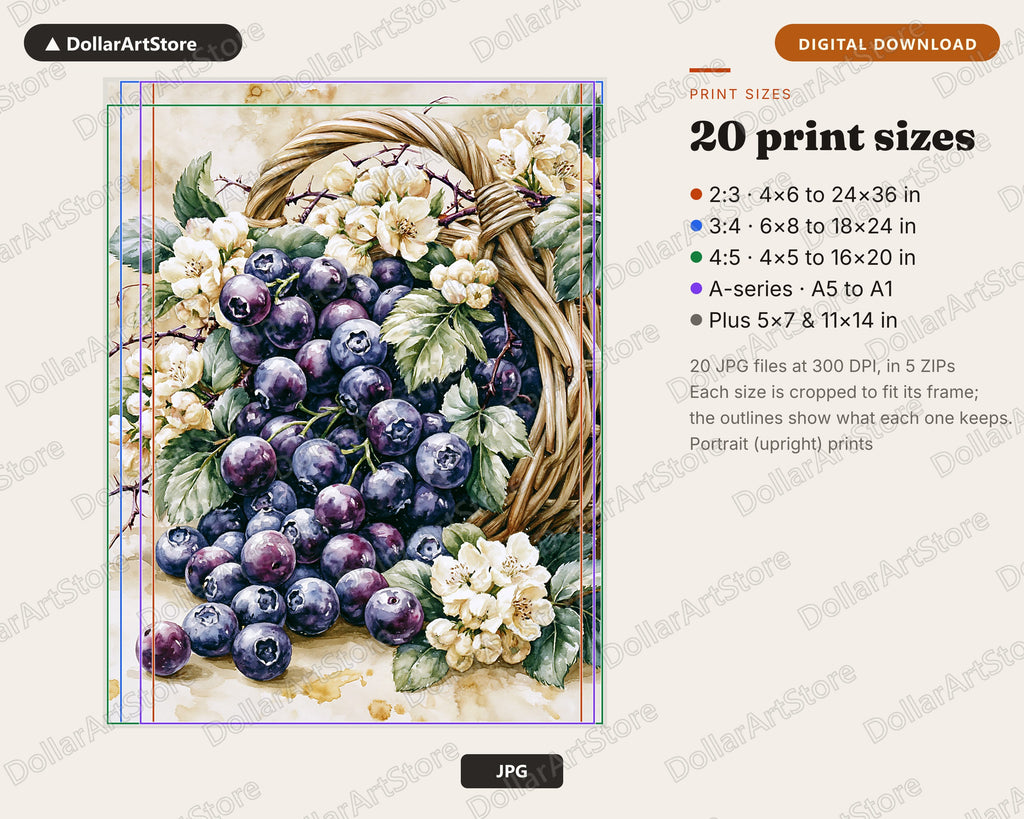 Blueberries Watercolor Floral Basket Printable Wall Art