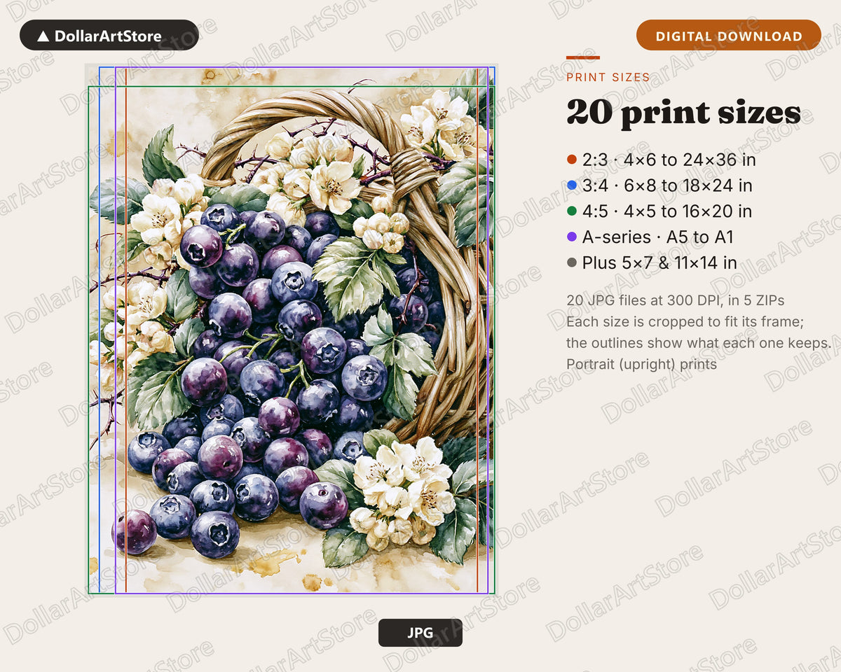 Blueberries Watercolor Floral Basket Printable Wall Art