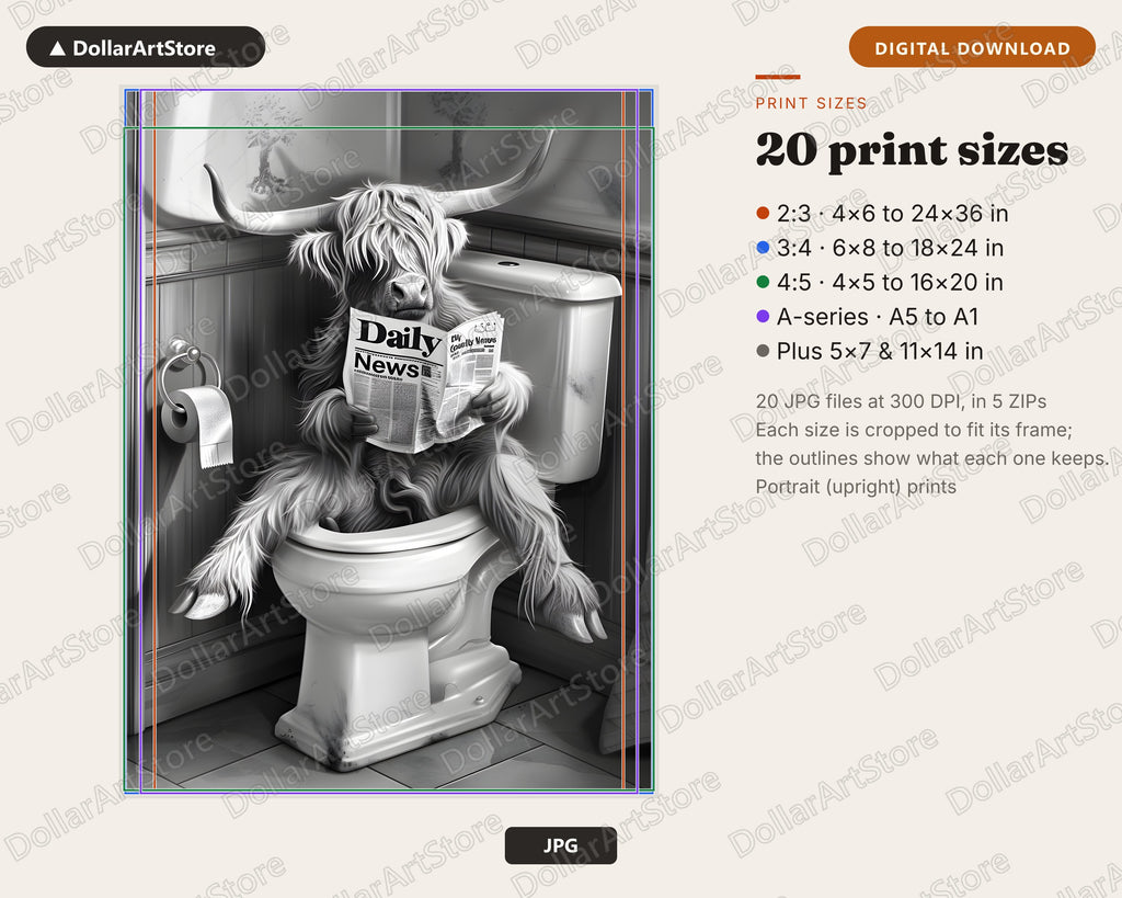 Highland Cattle Reading Newspaper Printable Wall Art, Funny Bathroom Decor