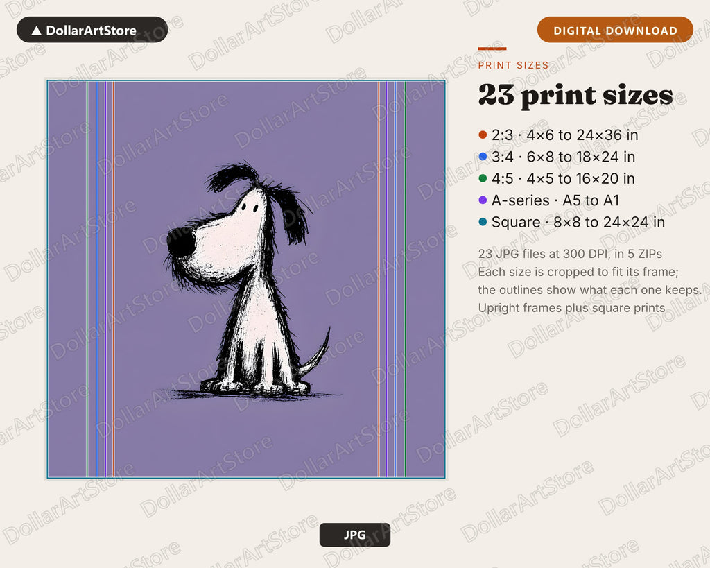Simple Dog Doodle Sketch Black & White Purple Background Digital Download