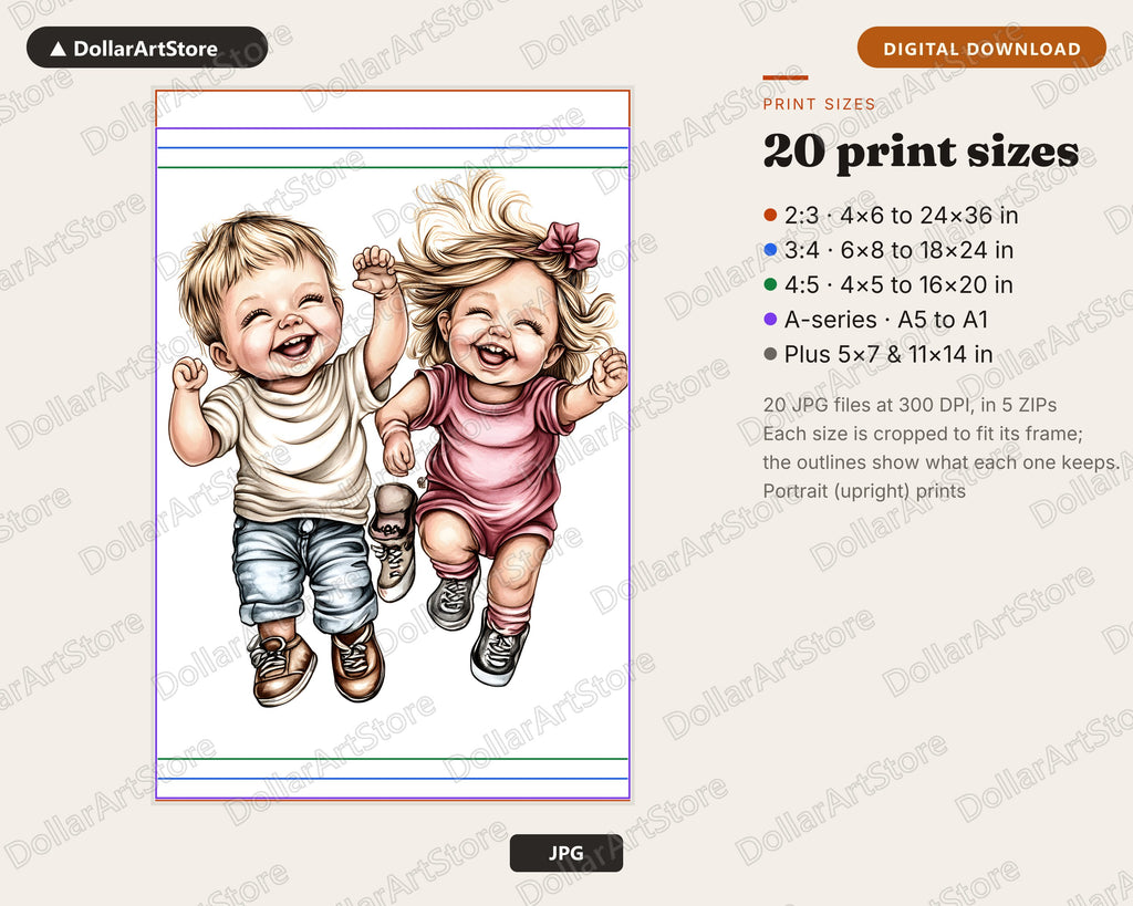 Happy Toddlers Running Printable Wall Art | Kids Room Digital Download
