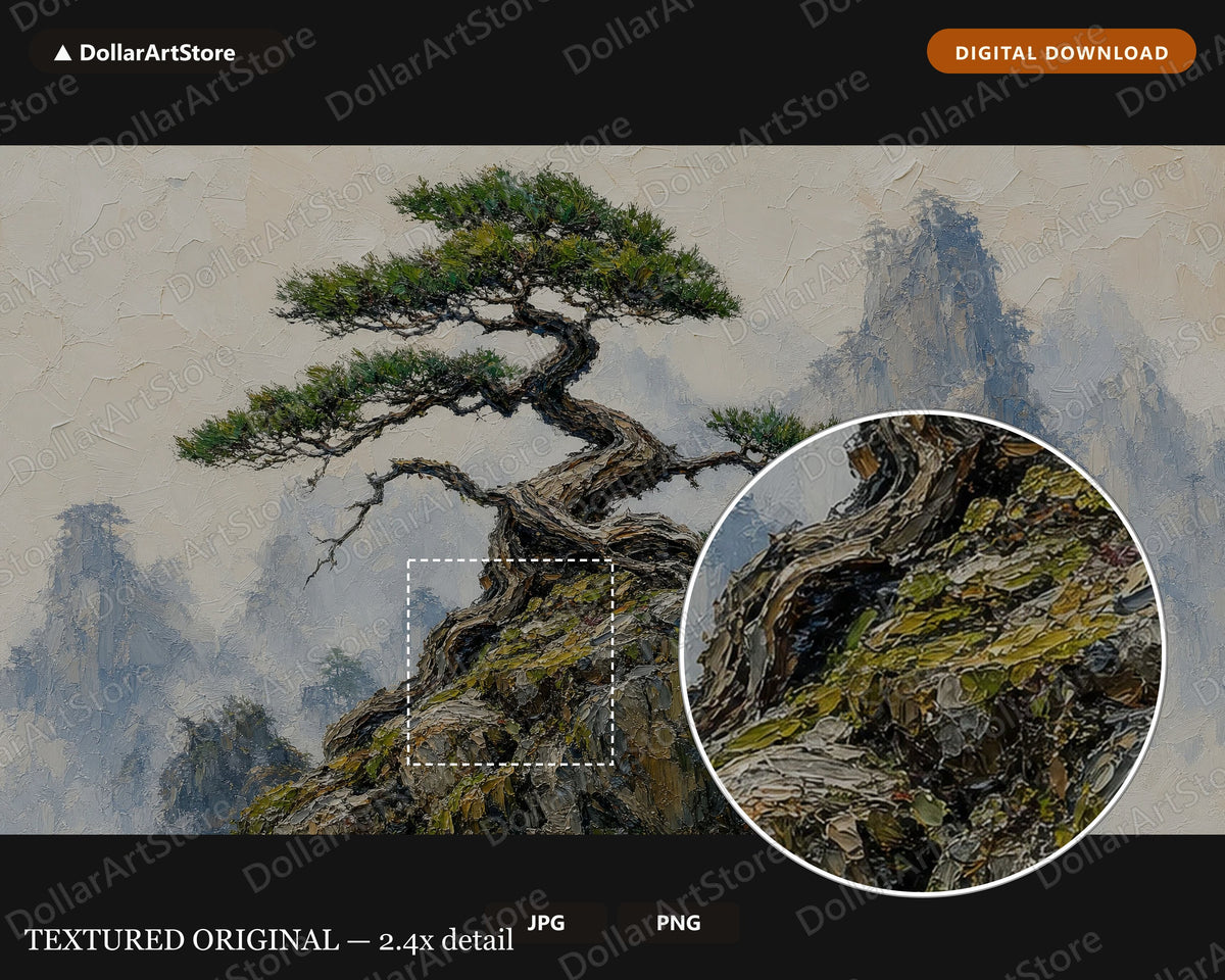 Cozy East Asian Bonsai Frame TV Art, Samsung Frame TV Digital Download, 4K Textured Mountain Scenery