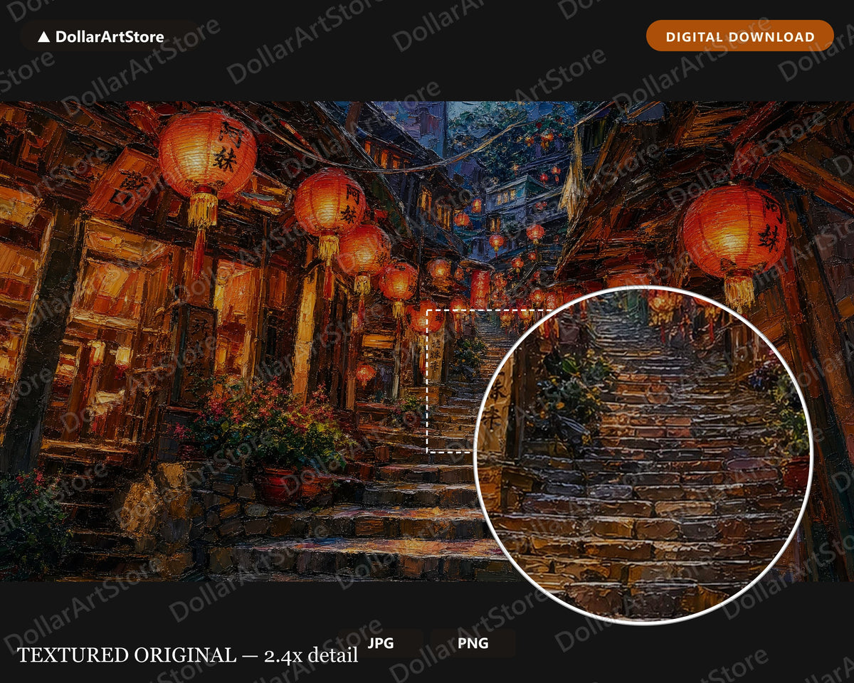 Cozy East Asia Lantern Alley Frame TV Art, Samsung Frame TV 4K Digital Download, Textured Night Scenery