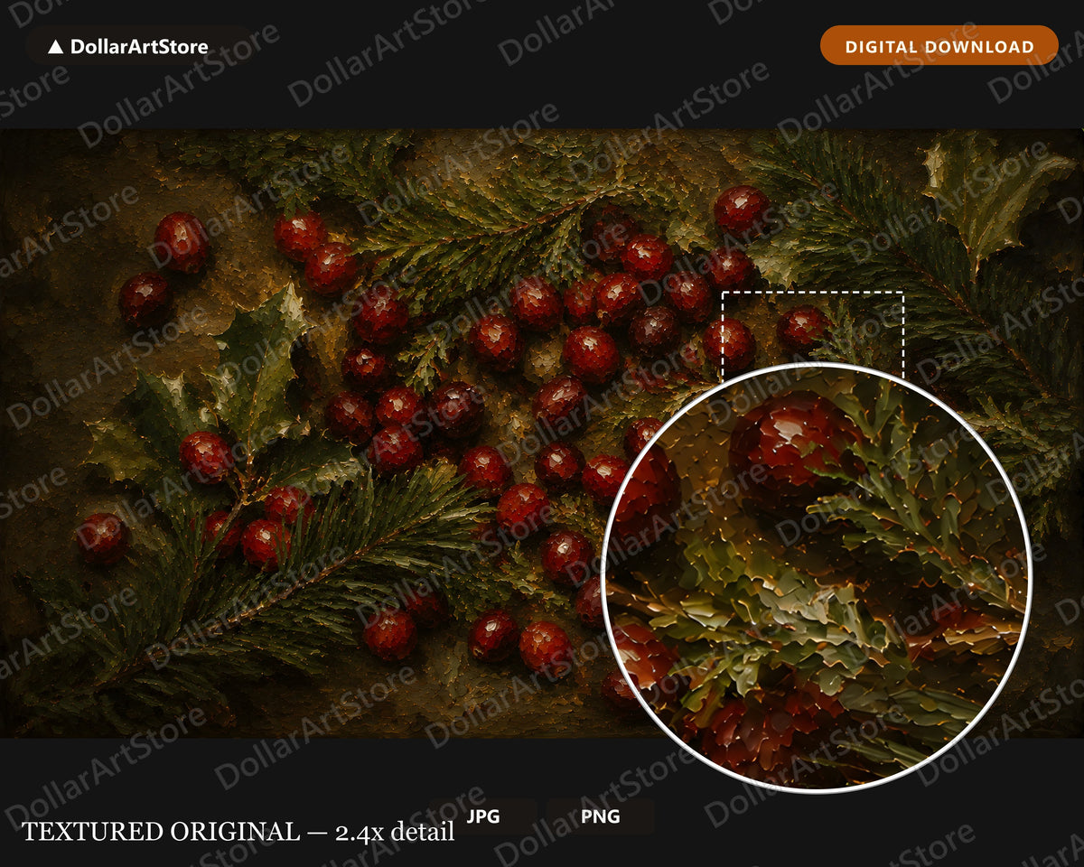 Holiday Frame TV Art, Red Berries Green Garland Samsung Frame TV Digital Download, Cozy Rustic Scenery