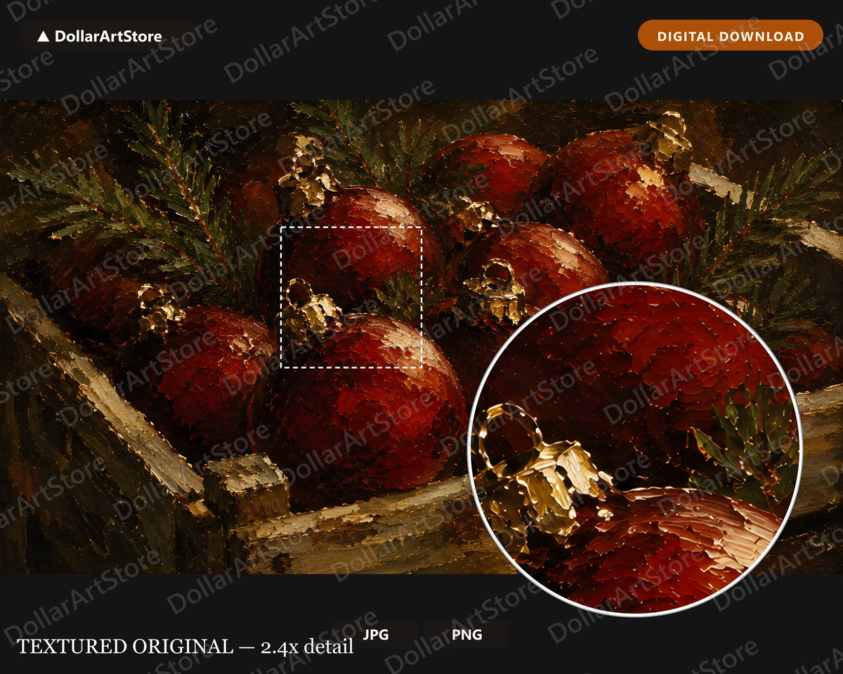 Cozy Holiday Frame TV Art, Red Ornaments Rustic Farmhouse 