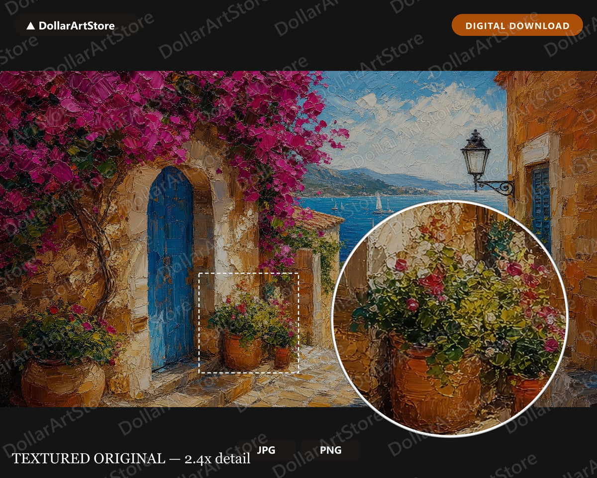 Cozy Mediterranean Frame TV Art, Textured Coastal Scenery, Samsung Frame TV Digital Download 4K
