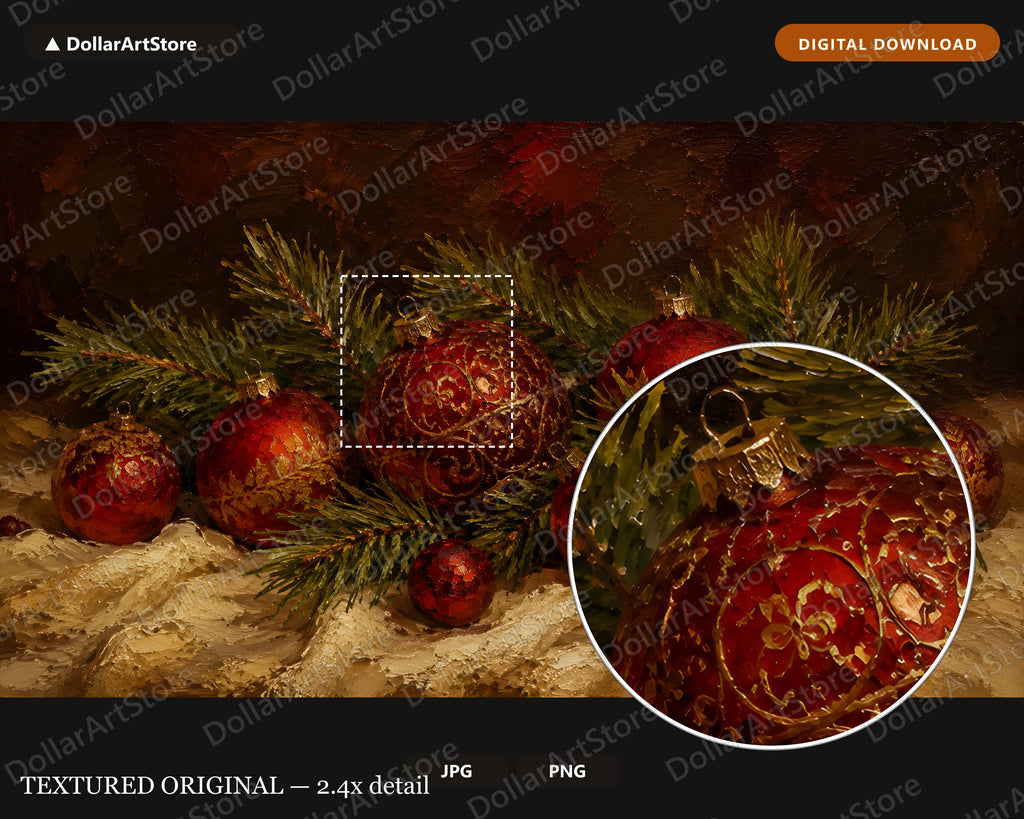 Cozy Holiday Frame TV Art, Red & Gold Christmas Ornaments, Samsung Frame TV 4K Digital Download
